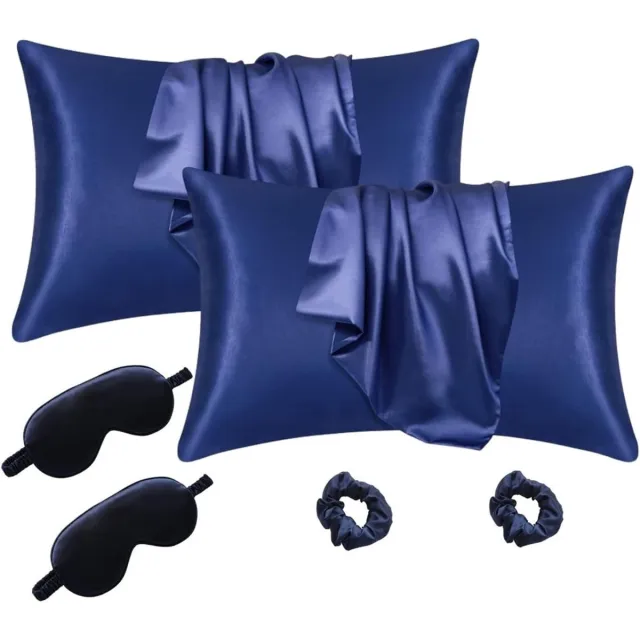 Famanu Satijnen kussensloop 50x75 cm marineblauw, zijdeachtig, inclusief haarelastiekjes en oogmasker, ademend Grijs