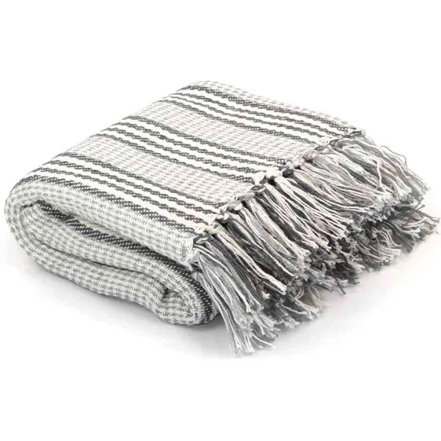 vidaXL Plaid strepen 220x250 cm katoen grijs en wit