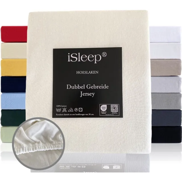 iSleep Dubbel Gebreide Jersey Hoeslaken - Hoge Hoek - Rondom Elastiek - Litsjumeaux XXL - 200/210x220/230 cm - Licht Beige Creme