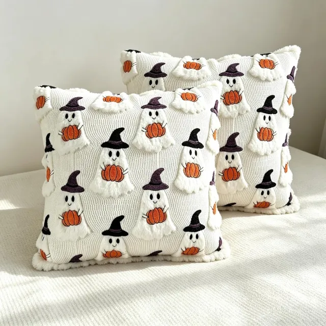 KZQ Halloween kussenslopen set van 2, 45x45 cm, met schattig spook en pompoen ontwerp, zacht pluche voor bank, bed en woonkamer Wit