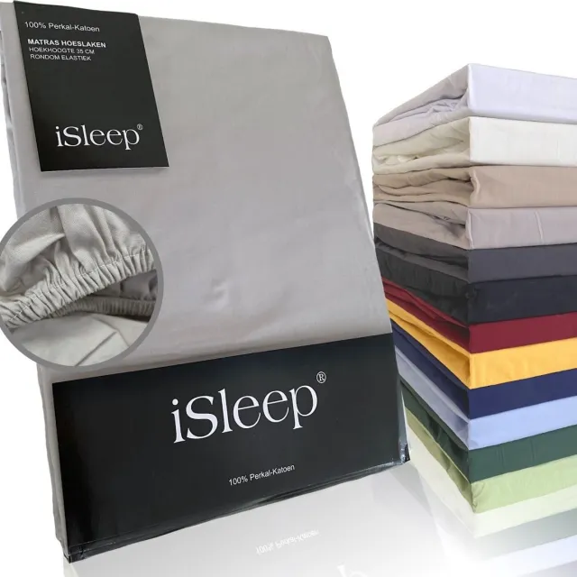 iSleep Perkal Hoeslaken - 100% Perkal Katoen - Hoge Hoek - Rondom Elastiek - Litsjumeaux - 180x210 cm - Zilver