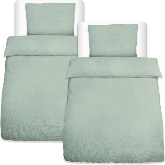 Beautissu Meline Seersucker Dekbedovertrek Set 155x220 cm & Kussensloop 80x80 cm met Rits Zomer Beddengoed Salbei Groen Ademend & Huidvriendelijk Wit