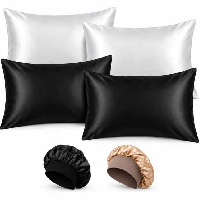 Professor Q Slaapset Duo - 4 Satijnen Kussenslopen 60 x 70 cm Wit en Zwart - 2 Bonnets Zwart en Goud Kussenslopen wit + zwart | Bonnet zwart + goud