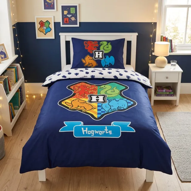 Harry Potter Dekbedovertrek Hogwarts Logo - Eenpersoons - 140 x 200 - Katoen Donkerblauw