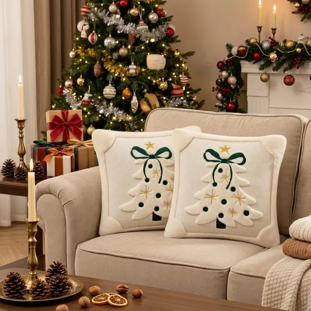 KZQ 2-delige beige en groene kussensloopset met strikjes en kerstboommotief (kusseninzet niet inbegrepen) - 45 x 45 cm - Kerstboompatroon - Enkelzijdig pluche - Zacht en huidvriendelijk - Perfect voor winterse en feestelijke huisdecoratie