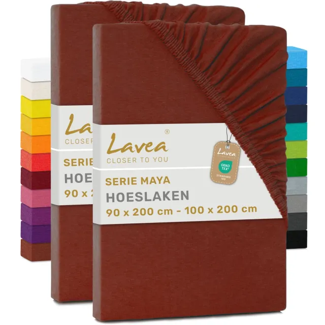 lavea Set van 2 Hoeslakens 90x200cm - 100x200cm – 100% Zacht en Ademend Katoen – voor Dikke Matrassen tot 20 cm – Jersey met Elastiek rondom – Kastanjebruin