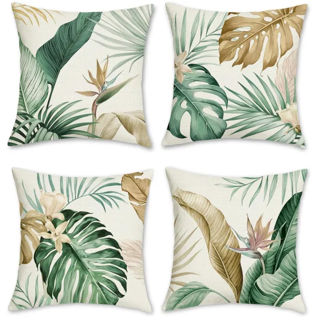 Ibenzoa Set van 4 decoratieve kussenslopen met tropische bladdesign, 45x45 cm, polyester en linnen, perfect voor interieur en tuin kleur 8