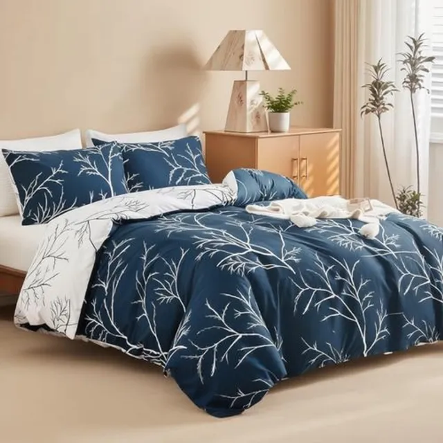 Arvion Dekbedovertrek 200 x 220 cm 3-delig - Microvezel met ritssluiting - Takpatroon Marineblauw - Inclusief 2 kussenslopen 80x80 cm