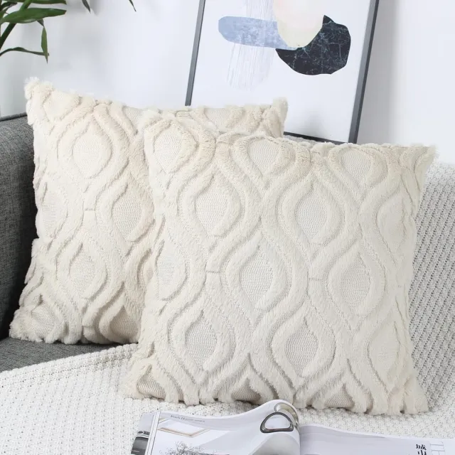 Famanu Set van 2 kussenslopen van wol 50 x 50 cm beige gebreid fluweel elegant sierkussen voor woonkamer kussensloop bankkussen knuffelig kussen wit