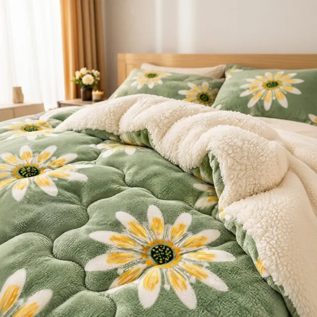 J.T.R Warme Winterdeken met Sherpa - Dikke Gewatteerde Sprei - Zonnebloem Groen - 240x220 cm - Fluffy Plaid voor Bank en Bed