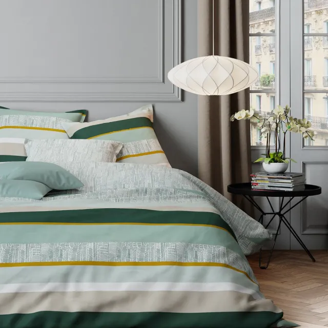 Mistral Home DEKBEDOVERTREK - katoensatijn - 260 x 240 cm + 2x 65 x 65 cm - extra breed - strepen - groen