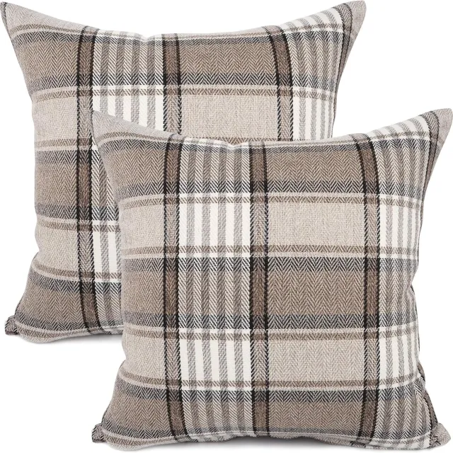 SNQ Kussenslopen - 1 paar - Retro Farmhouse Sierkussenhoezen – 2 Stuks – 45x45 cm – Buffalo Tartan Ruit Patroon – Katoen en Linnen – Khaki Gestreept – Voor Bank en Sofa – 45×45 cm