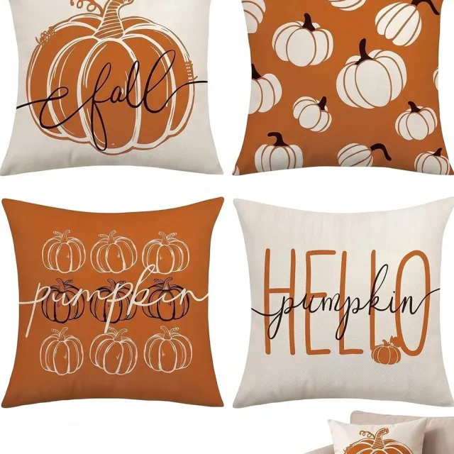 Huttutu Kussensloop - 4-delige Set Herfst Kussenslopen met Pompoenmotief - 45x45 cm - Met Envelopsluiting en Antislip Voering - Geschikt voor Bank en Fauteuil - Oranje en Beige - 4 Stuks