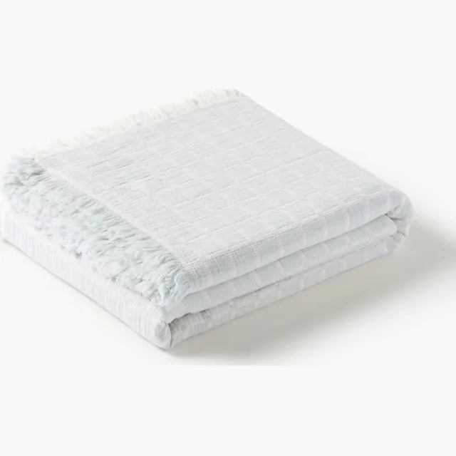 Westwing Collection Gewassen mousseline bedsprei Ronia met franjes Lichtblauw