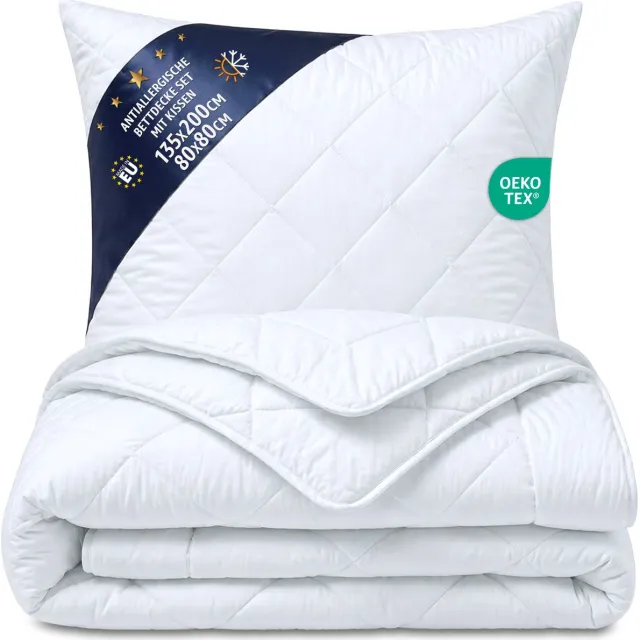 Amazinggirl Dekbed zonder overtrek 135x200 cm – all-season Gewatteerd dekbedden naar bed wit warm licht Set: dekbed 135 x 200 cm met kussen 80 x 80 cm Tweede keuze Oeko-Tex Set: all-season dekbed, kussen