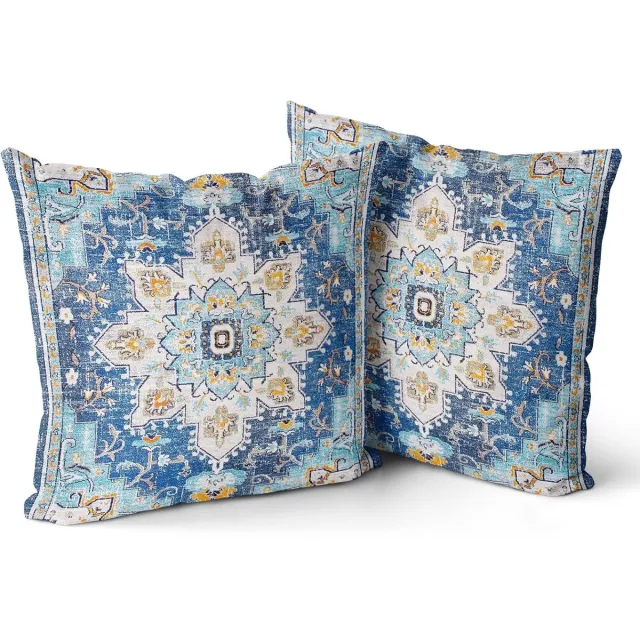 Famanu Set van 2 kussenslopen in Boheemse stijl 45 x 45 cm, decoratieve vierkante kussenslopen voor sofa, auto, slaapkamer, woonkamer, bank, buiten (blauw boho)