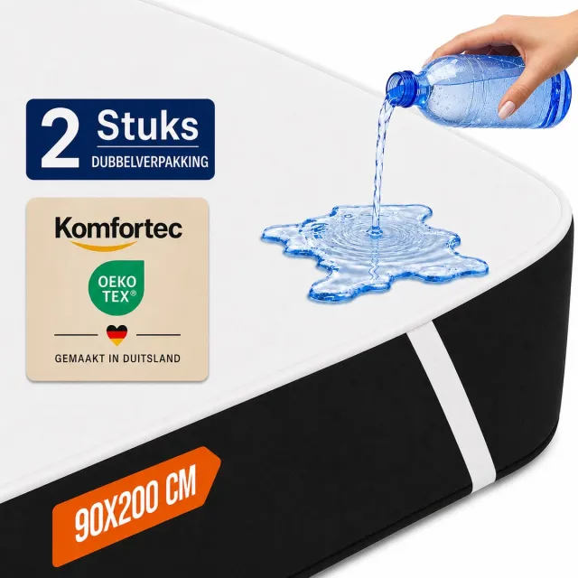 Komfortec Set van 2 Waterdichte Matrasbeschermers 90x200 cm Dubbelpak - Matrasbeschermhoes - Ademende Matrashoes - Niet Krakende Matrasbeschermer - Incontinentiemateriaal - Wit 2x90x200
