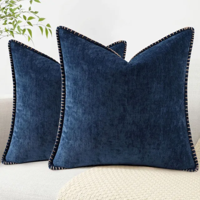 Sanorum 2 stuks - Kussensloop - Kussenhoezen - Sierkussenhoezen - Chenille - Driehoekige stiksels - Zacht - Europese stijl - Geschikt voor banken en bedden - 45 cm - Diepblauw