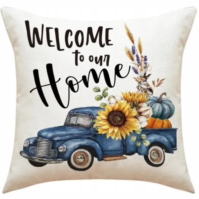 eCarla Herfst Kussenhoes 45x45cm - Auto met Pompoenen - Decoratief Beige