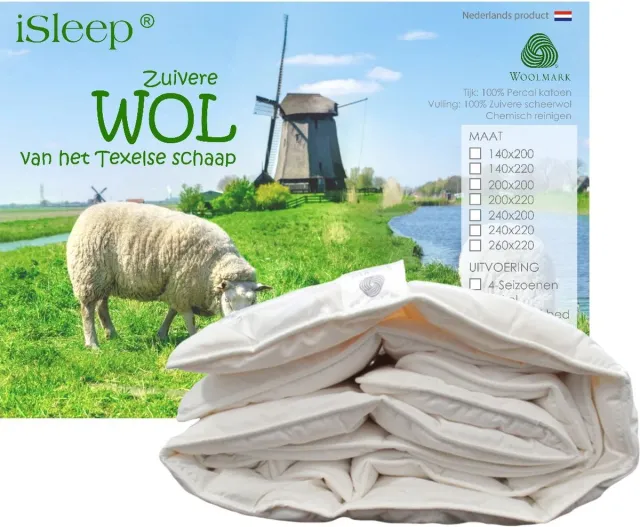 iSleep Wollen Enkel Dekbed - (Warmteklasse 2) - 100% Wol - Litsjumeaux XL - 260x220 cm Offwhite