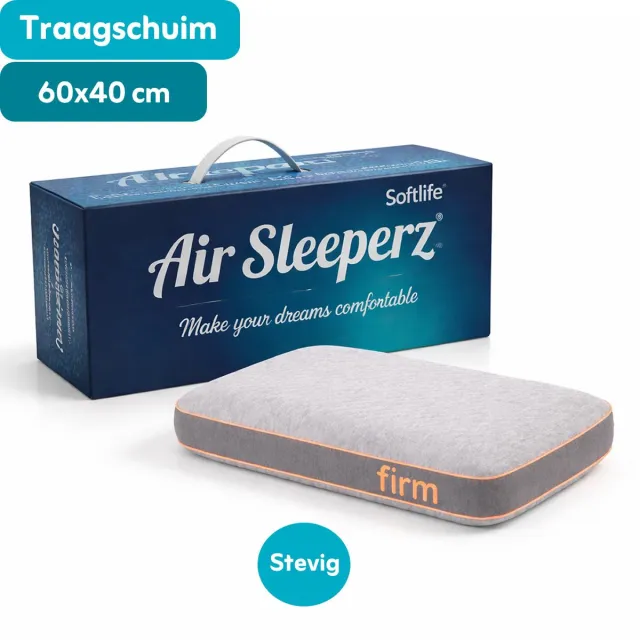 AirSleeperz SoftLife Memory Foam Hoofdkussen 60x40 cm - Stevig Ergonomisch Traagschuim Kussen - Extra Nekondersteuning - Orthopedisch - Ademend & Wasbare Hoes - Voor Zij- en Rugslapers Grijs/Antraciet