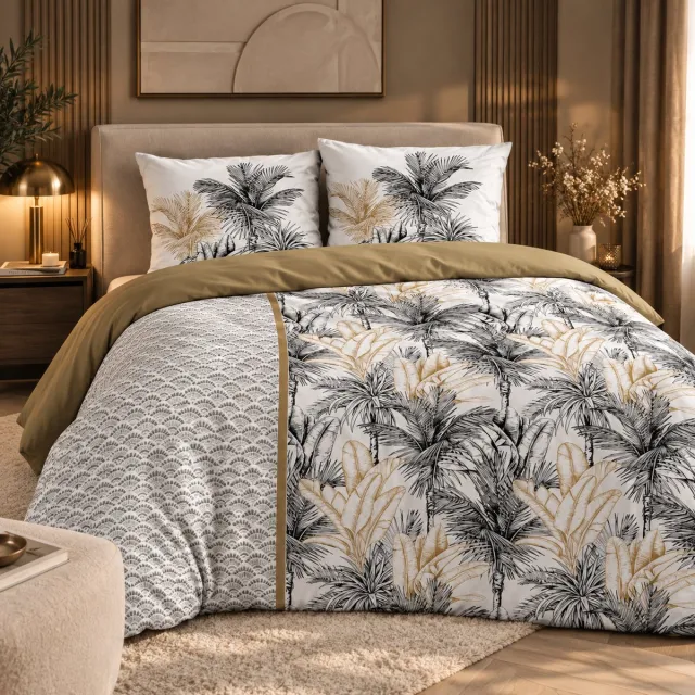 FERBELLA Luxe Dekbedovertrek Tropical Palm – 100% Katoen – 240 x 220 cm – Wit / Beige / Zwart – Dubbelzijdig Motief & Ademend - Incl. 2 Slopen