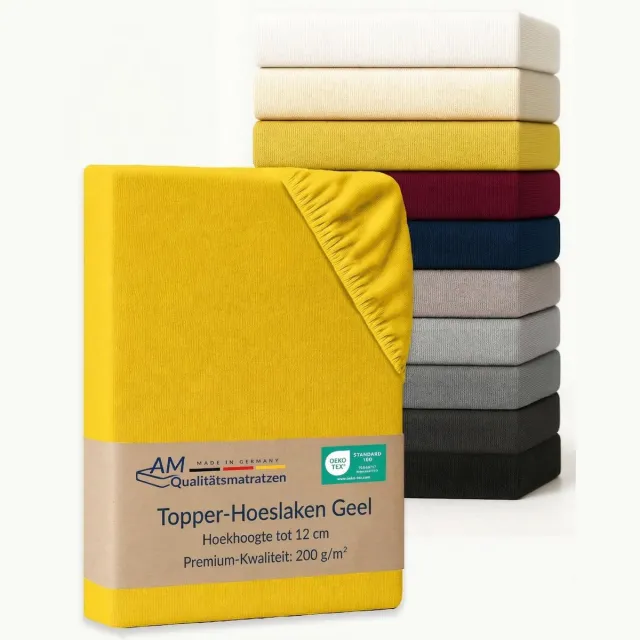 AM Qualitätsmatratzen Premium hoeslaken 120 x 210 cm boxspringbed (200gsm) in Geel - Made in Germany - OEKO TEX gecertificeerd topper hoeslaken - Jersey hoeslaken - Fitted Sheets
