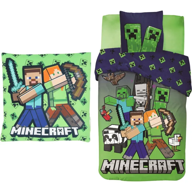 Minecraft slaapkamerset; dekbedovertrek en kussen Dekbed + Vierkant kussen
