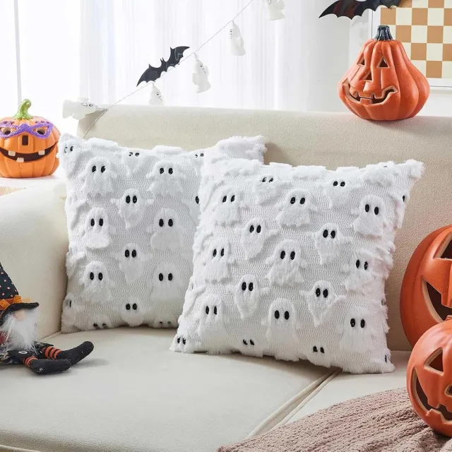 Ulisem Halloween kussensloop - 2 stuks vierkante 45x45 cm kussenslopen - Met spook ontwerp - Zachte maar stevige stof - Inclusief verborgen rits - Machinewasbaar - Geschikt voor bank en terras - Cadeau voor halloween liefhebbers wit