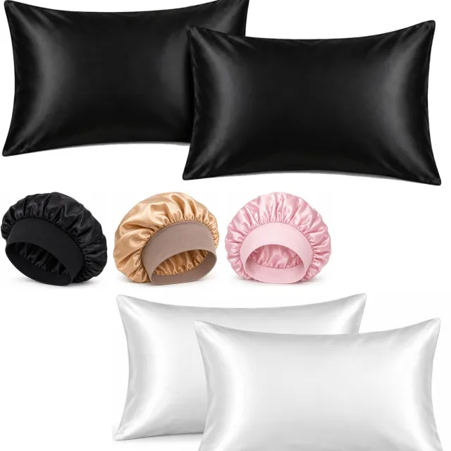 Professor Q Haar- en Slaapset - 2 Kussenslopen Wit 60 x 70 cm - 2 Kussenslopen Zwart 60 x 70 cm - Bonnet Roze - Bonnet Zwart - Bonnet Goud Wit | Zwart