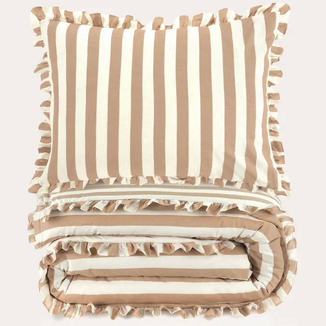 NOUS Kids katoenen gestreepte ruffle kinderdekbedovertrek 140x200 cm - beige