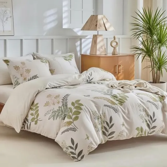Arvion Dekbedovertrek 200x200 cm 3-delig Microvezel - Lentebloemen Groen Blad - Tweepersoons met 2 Kussenslopen 80x80 cm Ritssluiting - Beige