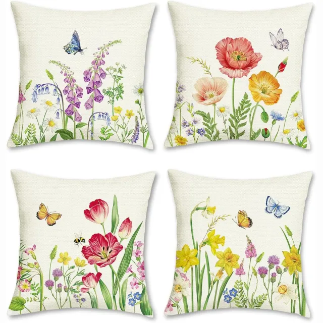 Famanu Set van 4 kussenslopen, bloemen, tuin, 45 x 45 cm, bloemen, vlinders, decoratieve kussenhoezen, sierkussenovertrekken voor bank, slaapkamer, woonkamer, woondecoratie Lente Bloem