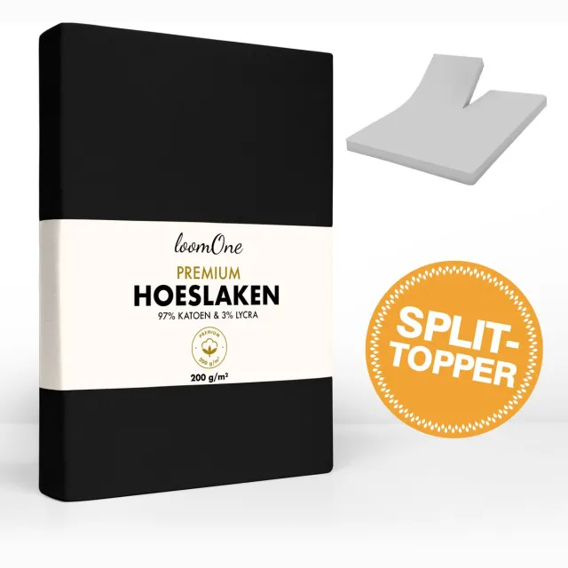 Loom One Premium Splittopper Hoeslaken – 97% Jersey Katoen / 3% Lycra – 200x200 cm – tot 10cm matrasdikte– 200 g/m² – Zwart