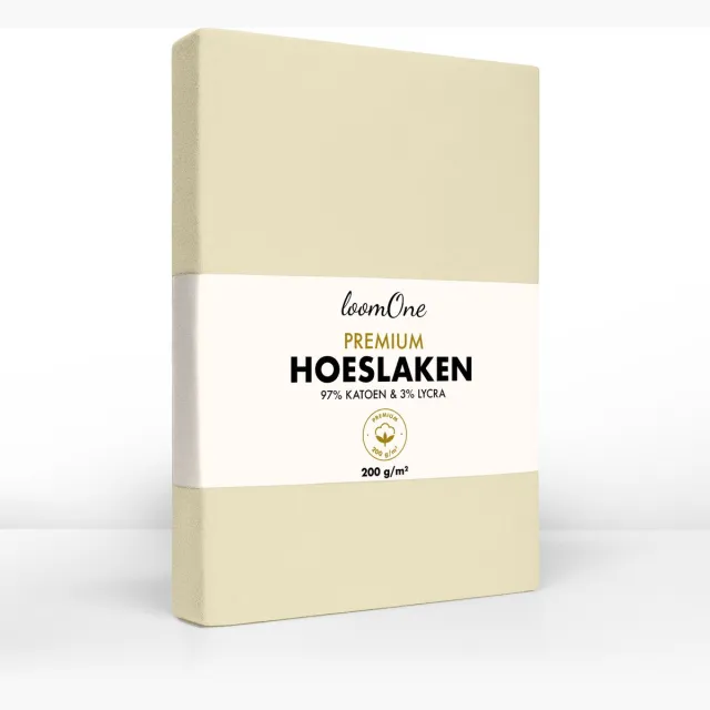 Loom One Premium Hoeslaken – 97% Jersey Katoen / 3% Lycra – 140x200 cm – tot 25cm matrasdikte– 200 g/m² – Natural / Crème
