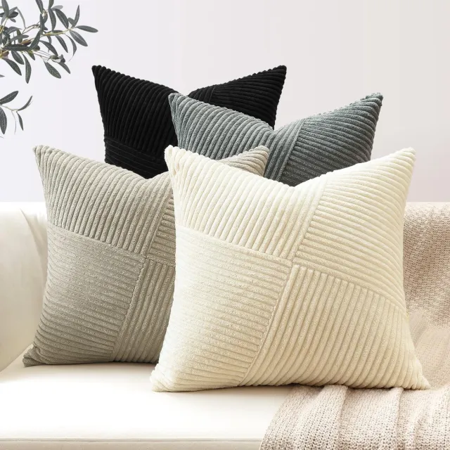 Unyqoos Set van 4 Zachte Corduroy Kussenslopen met Gestreept Patchwork Design voor Diverse Woonstijlen Zwart grijs