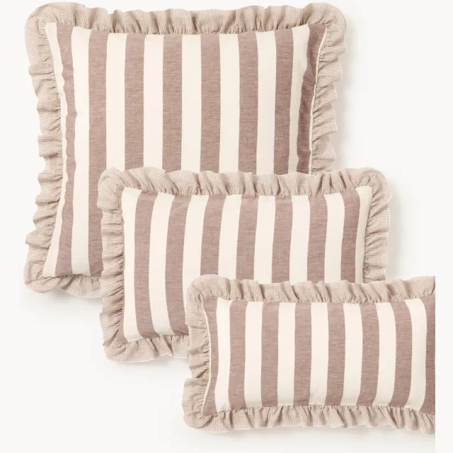 Westwing Collection Kussenhoes met ruches Posie van linnen-katoen Bruin